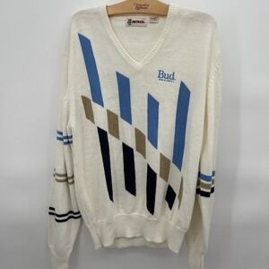 Rare!‎ Vintage BUD King Of Beers Knit V Neck Sweater Striped Sleeves Mens Large